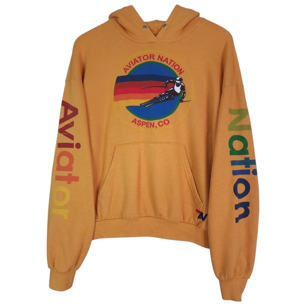 Aviator Nation Aspen Relaxed Pullover Hoodie Ski Graphic Gold - Picture 2 of 8